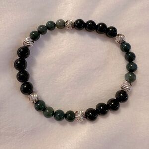 Black tourmaline, jade and sterling silver beaded stretch bracelet.